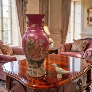 Beautiful Whimsical Rich Red Lions Head Vase + Hand Carved Soap Stone Bird.